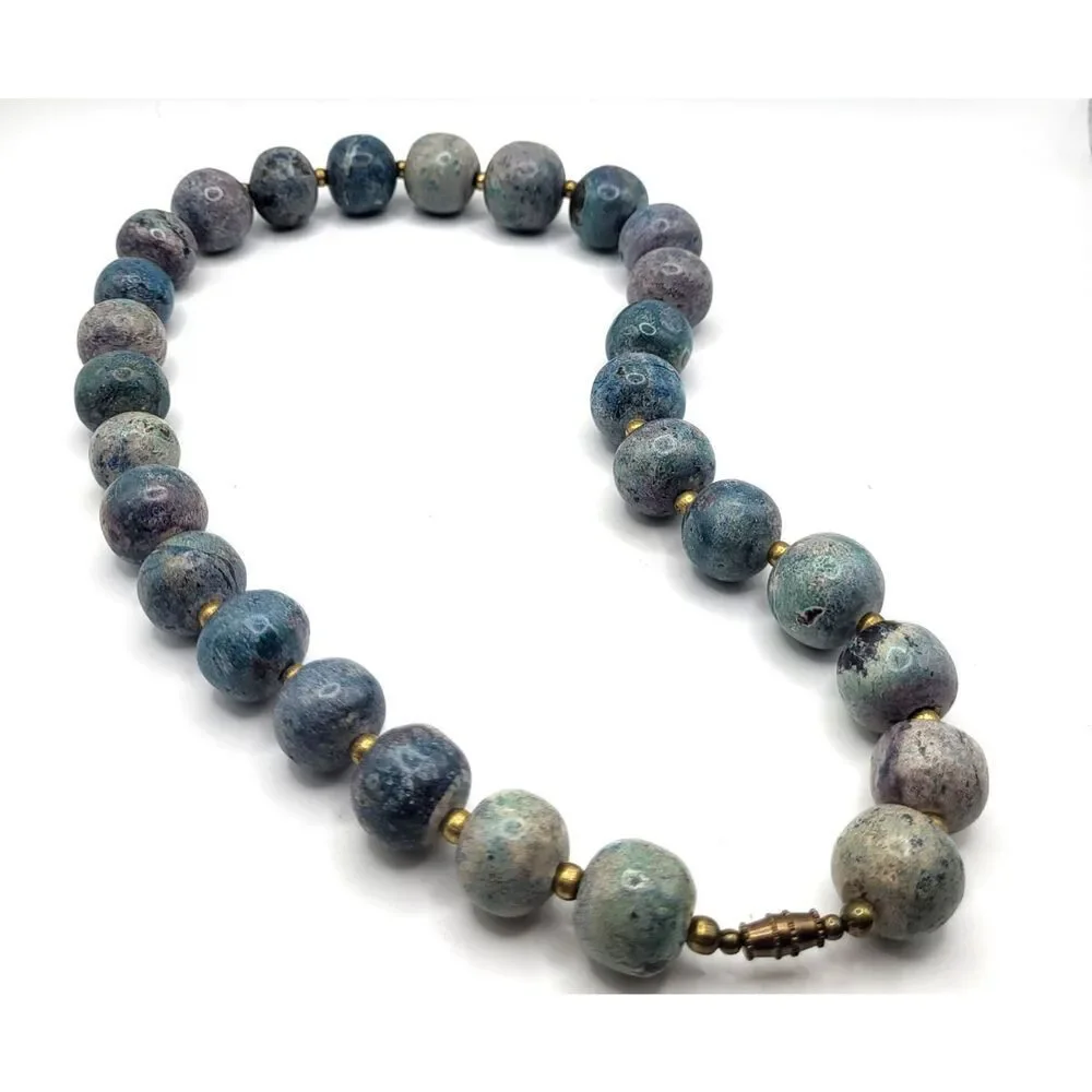 Chunky Bohemian Gemstone Aventurine Lapis Brass Beaded Necklace 20in